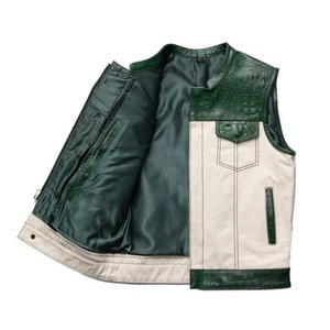 Gilet de motard en cuir véritable vert gaufré croco pour homme avec compartiment dissimulé pour armes de poing - Product Image 2