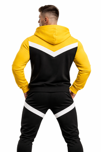 Conjunto de chándal con capucha y rayas en V en amarillo y negro para hombre, con chaqueta con cremallera y pantalones deportivos ajustados, ropa deportiva estilo streetwear - Product Image 5