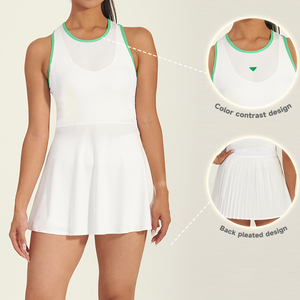 Women's White Sleeveless Golf Dress With Green Trim Sporty Pleated Skirt Breathable Woven Fabric Round <b>Neck</b> Pullover Style - Product Image 5
