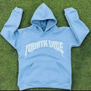 Custom streetwear Light Blue <b>Men's</b> Hooded <b>Sweatshirt</b> With <b>White</b> Graphic Print Front Pocket Casual Style Regular Fit - Product Image 1