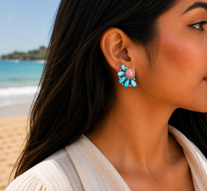 Boucles d'oreilles clous en argent faites à la main, motif conque rose et turquoise Golden Hill, style bohème sud-ouest, pour femme, cadeau pour elle - Product Image 4