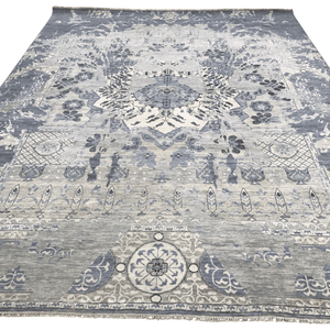Tapis d'appoint en laine noué à la main, motif damassé, gris anthracite, à poils ras, sur mesure, pour une décoration intérieure de luxe - Product Image 1
