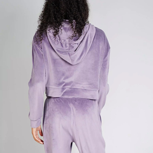 Survêtement streetwear en velours violet pour homme, sweat à capuche long et pantalon à cordon de serrage, couleur unie, tenue décontractée d'automne 100% - Product Image 5