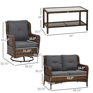 4-Piece All-Weather PE Rattan Garden Patio Set Gray Sofa with 2 <b>Swivel</b> Rocking Chairs and 2-Tier Glass <b>Table</b> - Product Image 3