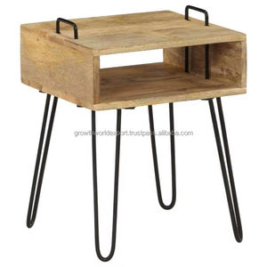Mesa Auxiliar Moderna de Mediados de Siglo con Patas de Horquilla |   Mesa de Noche de Madera |   Mesa de Noche Industrial para Dormitorio - Product Image 1