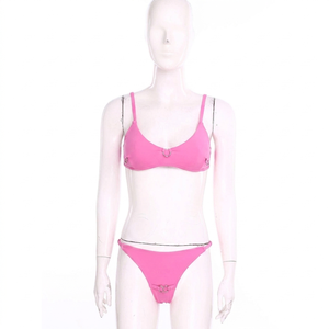 Ensemble bikini rose, soutien-gorge triangle, string, maillot de bain femme, extensible, couleur unie, tricoté, vêtements de plage, ensemble 2 pièces - Product Image 4