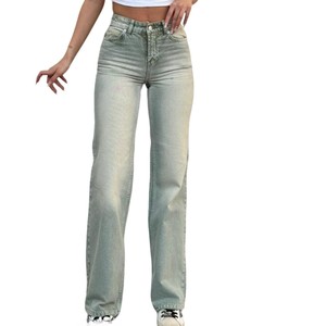 Pantalones vaqueros desgastados de pierna ancha acampanados rasgados azul claro para mujer Diseño personalizado Monos de cintura alta Ajuste relajado Ajuste ajustado - Product Image 4