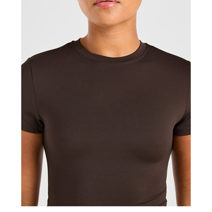 Conjunto Deportivo de Punto para Mujer, Color Marrón Sólido, Manga Corta, Cuello Redondo, Transpirable, Corte Regular, para Todas las Temporadas - Product Image 3