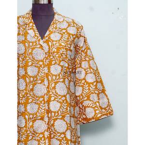 100% Pure Cotton Long Shirt <b>Dress</b> V-Neck 3/4 Sleeve Button Front belt Style Evening Formal Block Printed flare sleeves for women - Product Image 2