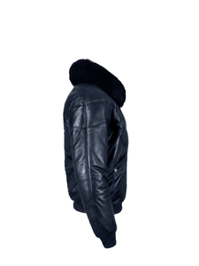 <b>Men's</b> Black Genuine <b>Leather</b> Bomber <b>Jacket</b> Stand Collar Zip Front Eco-Friendly Breathable Windproof Winter Casual Regular Fit - Product Image 2