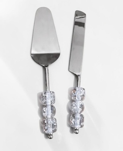 Ensemble de couteaux à gâteau en acier inoxydable de qualité supérieure plaqué or avec manches ornés de perles de cristal, élégants pour servir des desserts de mariage - Product Image 1