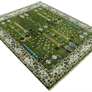 Tapis en laine vert olive noué à la main : design Oushak turc antique |   Décoration d'intérieur artisanale en textile haut de gamme |   Tapis en laine à poils coupés - Product Image 1