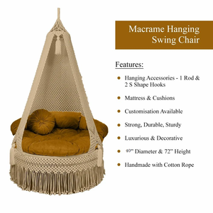Beige Macramé Hammock <b>Swing</b> Handwoven Hanging Bed Tassel Decorative Lounge Chair <b>for</b> Indoor Patio Outdoor <b>Swing</b> Jhula (72"X33") - Product Image 6