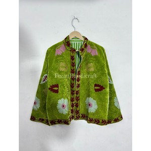 เสื้อแจ็คเก็ตกำมะหยี่สีเขียวมะกอกแบบเย็บลายพร้อมลายปักดอกไม้อุซเบก ซับในผ้าฝ้าย สไตล์โบโฮชิค สำหรับผู้หญิง ใส่ได้ในฤดูใบไม้ผลิ/ฤดูใบไม้ร่วง/ฤดูหนาว - Product Image 6