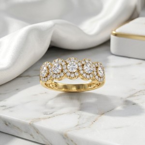 0.75CTW Round Cut Pave Halo Set Five-<b>Stone</b> Band Ring - Product Image 1