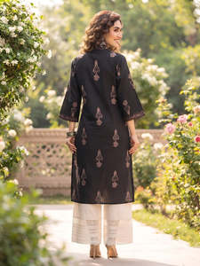 Black Floral Embroidered Cotton Chiffon Kurti Women Traditional Casual Wear Spring Summer Style Ethnic Indian Pakistan Beautiful - Product Image 3