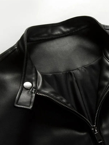 Veste moto en cuir PU noir pour homme, coupe ajustée, fermeture éclair, col rabattu, manches classiques, style automne - Product Image 4