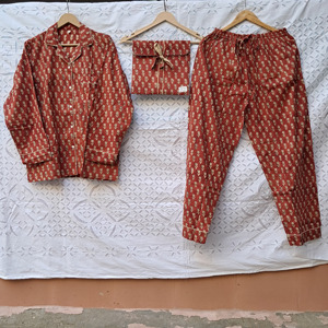 Sustainable Custom Block Printing Fabric Pajama Set With Long Sleeve Shirt & Elastic Waist Bottom Comfy Sleepwear Women Clothing - Product Image 1