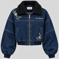 Veste en jean pour femme Sam Tactical avec broderie florale, col en fourrure, manches bouffantes, fermeture éclair, style trucker, prix abordable, personnalisation OEM