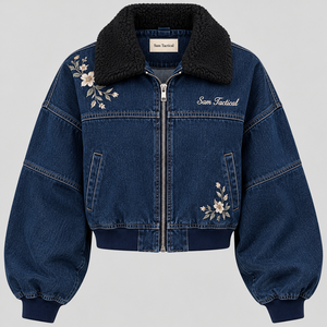 Veste en jean pour femme Sam Tactical avec broderie florale, col en fourrure, manches bouffantes, fermeture éclair, style trucker, prix abordable, personnalisation OEM - Product Image 1