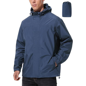 <b>Men's</b> Hooded Waterproof Windbreaker Jacket Solid Color Casual Polyester Lightweight Spring Outdoor Wear with Drawstring Pocket - Product Image 1