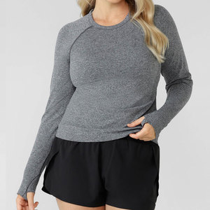 Women Yoga Padded Longline Workout Crop Length Shirt Crew Neck <b>Thumb</b> Hole <b>Cuffs</b> Seamless Knitted Yoga Fitness Workout Shirt - Product Image 1