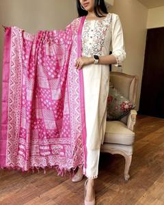 Embroidered Cotton <b>Kurta</b> Dupatta Set Traditional Indian Ethnic Wear for <b>Women</b> Wedding Party Casual Outfit - Product Image 5