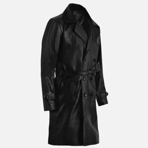 Abrigo de Cuero Genuino Negro para Hombre, Estilo Gabardina hasta la Rodilla, Doble Botonadura, Solapa con Muescas, Manga Regular, con Cinturón - Product Image 6