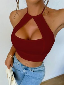 Halter Neck Keyhole Cutout Athletic Sports Bra Ribbed Seamless Fitted <b>Crop</b> <b>Top</b> Running Activewear Yoga Tank <b>Top</b> - Product Image 3