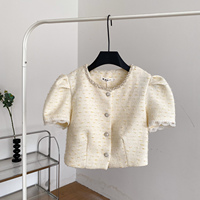 Blusas de punto casuales de verano con cuello en V y manga corta para mujer, camisas de encaje sólido con manga abullonada, tops dulces para mujer