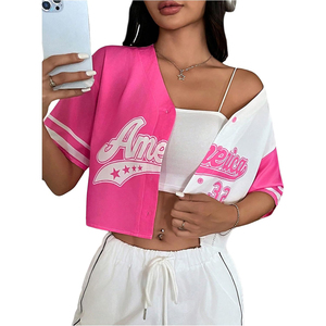 Women's Pink <b>White</b> America Baseball Jersey <b>Crop</b> <b>Top</b> Off Shoulder Spaghetti Strap Short Sleeve Loose Fit Summer Sportwear - Product Image 1