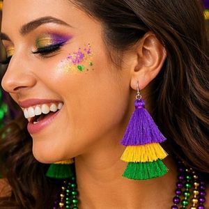 Rizir Fashion Christian Mardi Gras <b>Tassel</b> Dangle <b>Earrings</b> Purple Green Gold Layered Fringe Women Festival Party Jewelry - Product Image 1