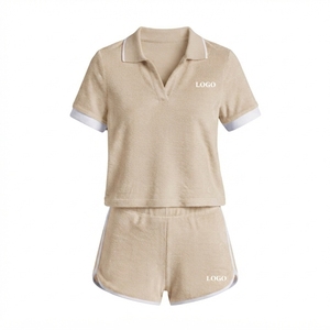 Ensemble 2 pièces tricoté rose pour femme : haut à col rabattu et manches courtes, en coton respirant, idéal printemps-été, personnalisable avec logo - Product Image 5