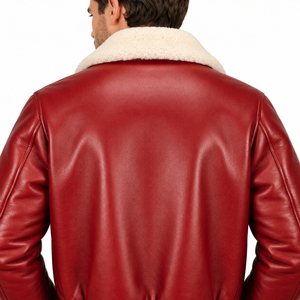 Blouson bomber pour homme en cuir véritable rouge, écologique, respirant, avec col en fausse fourrure, coupe-vent, style moto, fermeture éclair - Product Image 4