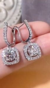 4ct Lab Grown <b>Diamond</b> Halo <b>Earrings</b>: 14K White Gold <b>Dangle</b> Drop, hoop <b>earring</b> - Product Image 4