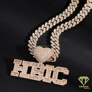Moissanite Diamond HIP HOP <b>Block</b> Name Pendant With Iced Out Sparkling <b>Letter</b> Design Heart Accent And Gold Tone Cuban Link Chain - Product Image 3
