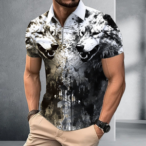 Polo pour homme avec imprimé loup artistique blanc et noir |   T-shirt à col zippé 1/4 en sublimation numérique |   Haut décontracté à motif animal gothique moderne - Product Image 1