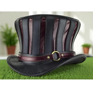 Chapeau haut de forme steampunk en cuir évasé, fait main sur mesure, qualité supérieure, pour cosplay Mad Hatter, noir et bordeaux - Product Image 3