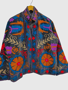 Veste à col mandarin brodée à la main avec des motifs floraux, manches longues, en velours, taille plus pour femmes, style Prairie Chic, vêtements d'automne - Product Image 2