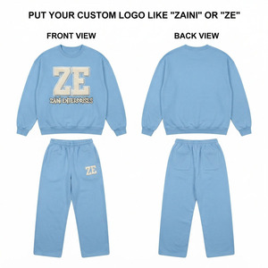 Men Sweat Suit Premium Cotton Polyester Fleece 320 GSM Sky Blue <b>Crewneck</b> Jogger Set Raised Chenille Embroidery Custom Logo Wear - Product Image 1