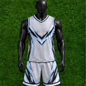 Ensemble d'uniformes de basketball unisexe de qualité supérieure, cyan et blanc, sublimé, col en V, sans manches, anti-humidité, coupe athlétique, logo personnalisé - Product Image 1