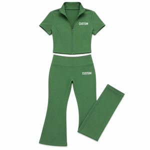 OEM Ladies <b>Green</b> Yoga Outfit Quarter Zip Stand Collar Top High Waist Bell Bottom Pant Custom Winter <b>Gym</b> Activewear Private Label - Product Image 3