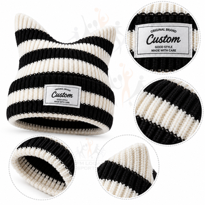 Bonnet à oreilles de chat rayé en tricot côtelé 100% acrylique, brodé, pour femme et unisexe, style streetwear - Product Image 4