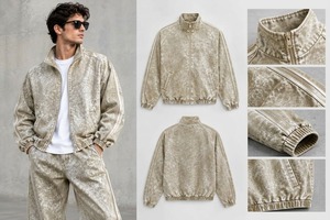 Ensemble de survêtement décontracté HAMILON pour femme, beige, col montant, fermeture éclair, 100 % coton, coupe ample, veste et pantalon, tenue streetwear deux pièces - Product Image 5