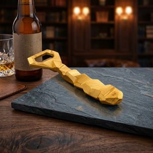 Geometric Rock <b>Bottle</b> Opener Crafted From Premium <b>Brushed</b> Gold Metal Features Chiseled Faceted Handle Perfect For Luxury Bars - Product Image 6