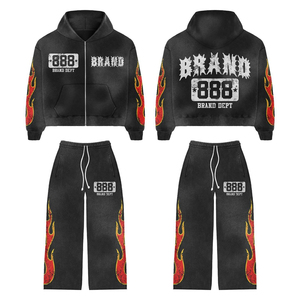 Conjunto de Chándal Personalizado para Hombre con Estampado de Llamas, Sudadera con Cremallera y Pantalones Jogger, Ropa Urbana, Traje Deportivo Gráfico, OEM ODM Marca Privada - Product Image 1