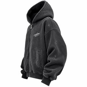 Sweat à capuche unisexe oversize zippé 100 % coton respirant, effet vintage délavé, imprimé lettres, style hip-hop - Product Image 3