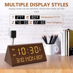 Sveglia Digitale in Legno 12/24H con Dimmer 0-100%, 2 Impostazioni di Allarme (Modalità Giorno Settimanale/Quotidiana), Snooze 9 Minuti, Temperatura, da Scrivania/Tavolo - Product Image 2