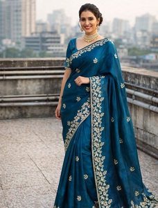 Indian Traditional Ethnic Beautiful Elegant Satin Silk Saree Embroidery Work for Partywear <b>Wedding</b> Occasion Women Fancy Trendy - Product Image 1