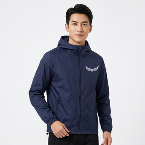Men's Navy Blue Hooded Windproof <b>Jacket</b> With Embroidered Logo Zipper Front Spring Outerwear - Product Image 5